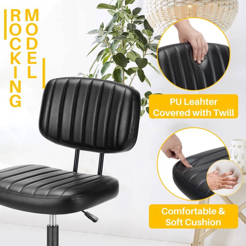Small Armless Office Desk Chair with Wheels and Low Back Lumbar Support, Comfy Cute PU Leather Vanity Rolling Swivel Task Chair