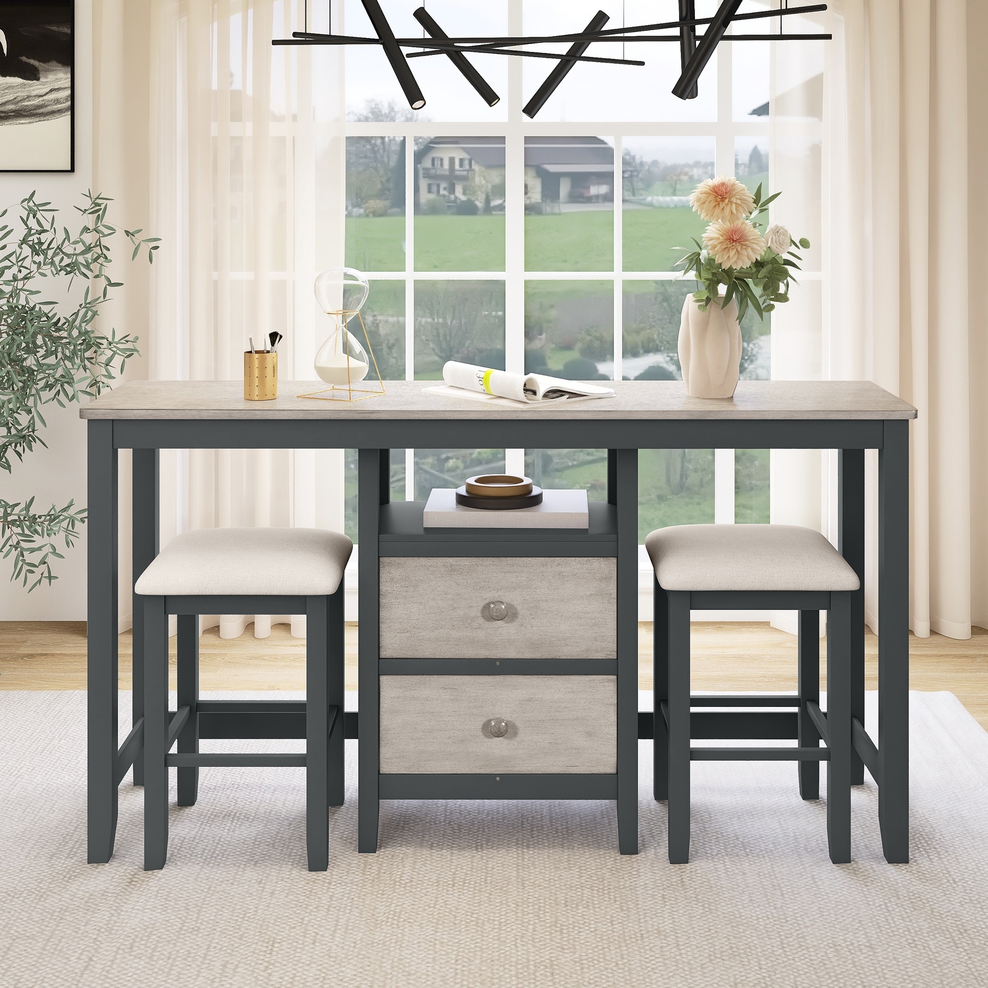 3 Piece Counter Height Dining Table and Chairs Set with Cabinet and Storage Drawers for Small Space Apartment Bed Bath Beyond 40884717