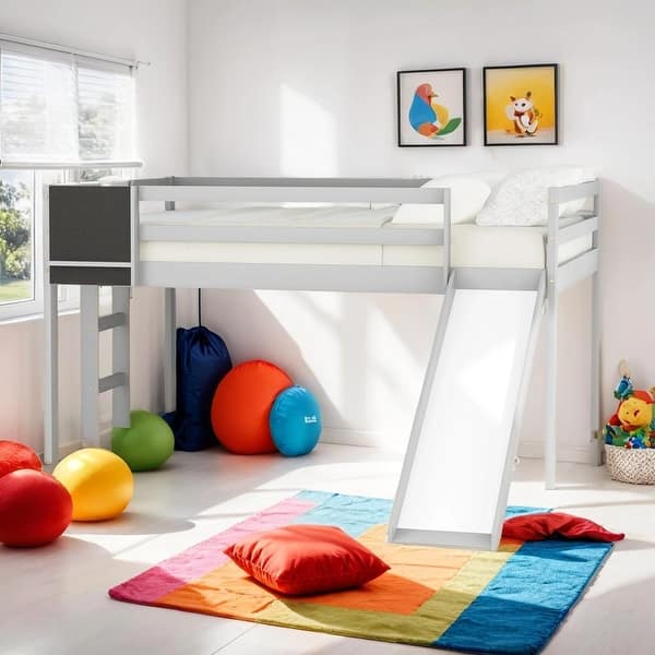 slide 2 of 47, Full size Loft Bed Wood Bed with Slide, Stair and Chalkboard, White Grey