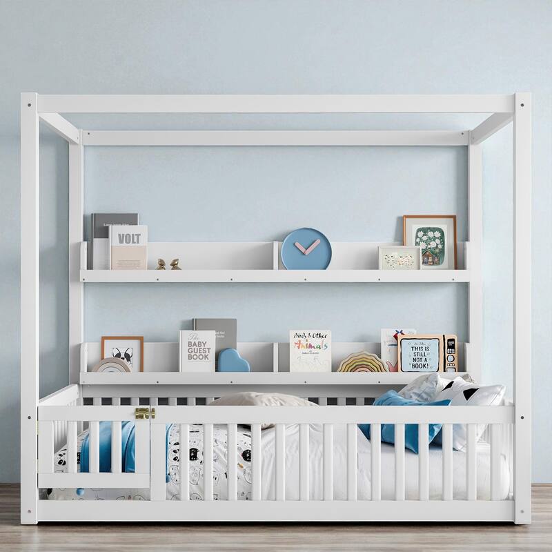 Twin/Full Size Montessori Floor Bed with Canopy and Guardrails, Solid Wood Kids Bed Frame with Shelves, No Box Spring Needed - Light White - Full