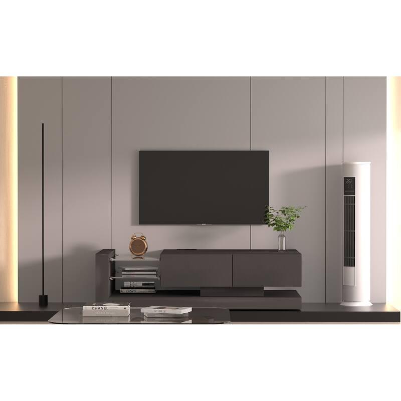 Wood TV Storage Console for TVs up to 75", Media TV Console Table with Open Shelves & 2 Cabinets, TV Stand with LED Lights