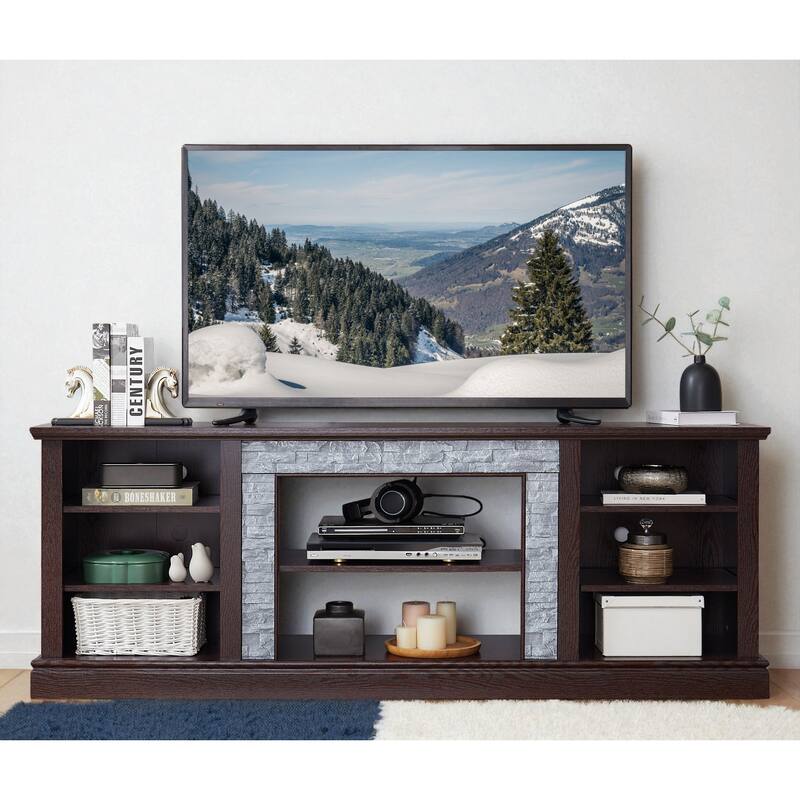 70" TV Stand with Faux Stacked Stone Surround, Modern Entertainment Console with Large Storage Cabinets - Cherry