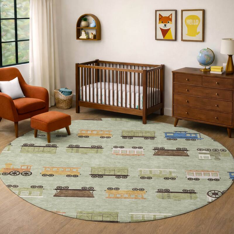 Machine Washable Indoor/ Outdoor Modern Train Chantille Rug