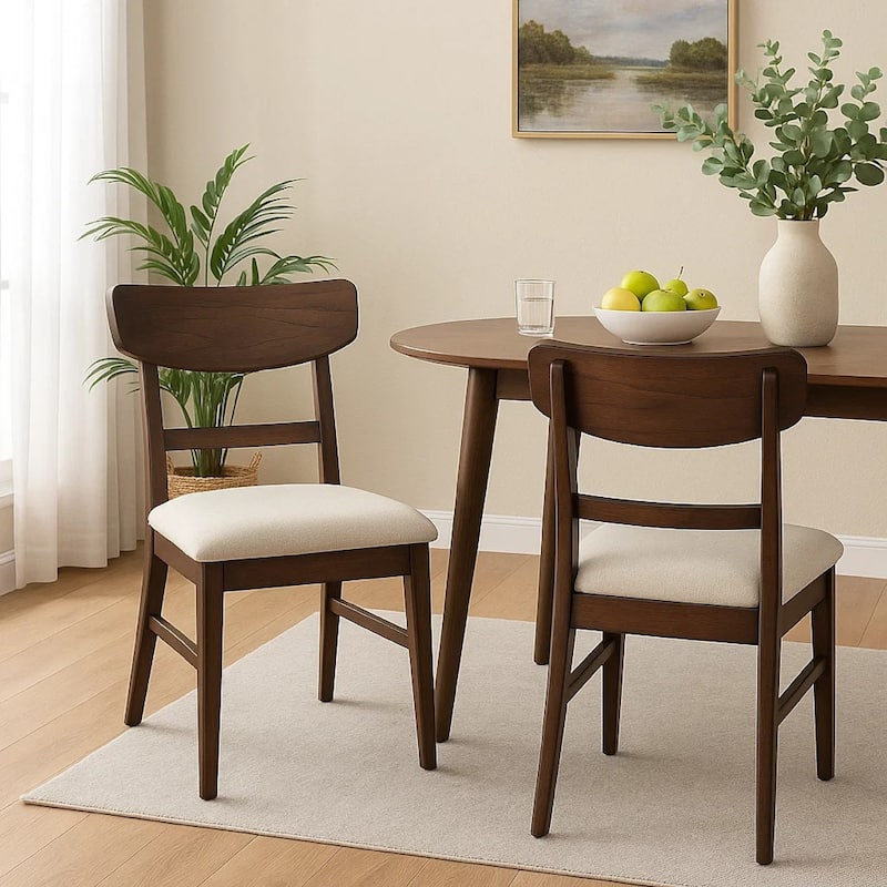 Amy Dining Chair Set of 2, Curved Back, Beige Seat, Dark Brown Solid Wood
