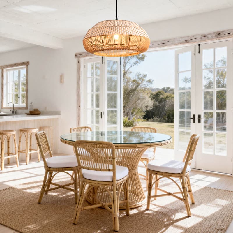 18.9" Boho White Hand Woven Rattan Caged Pendant Light for Kitchen Island, Dining Room and Living Room