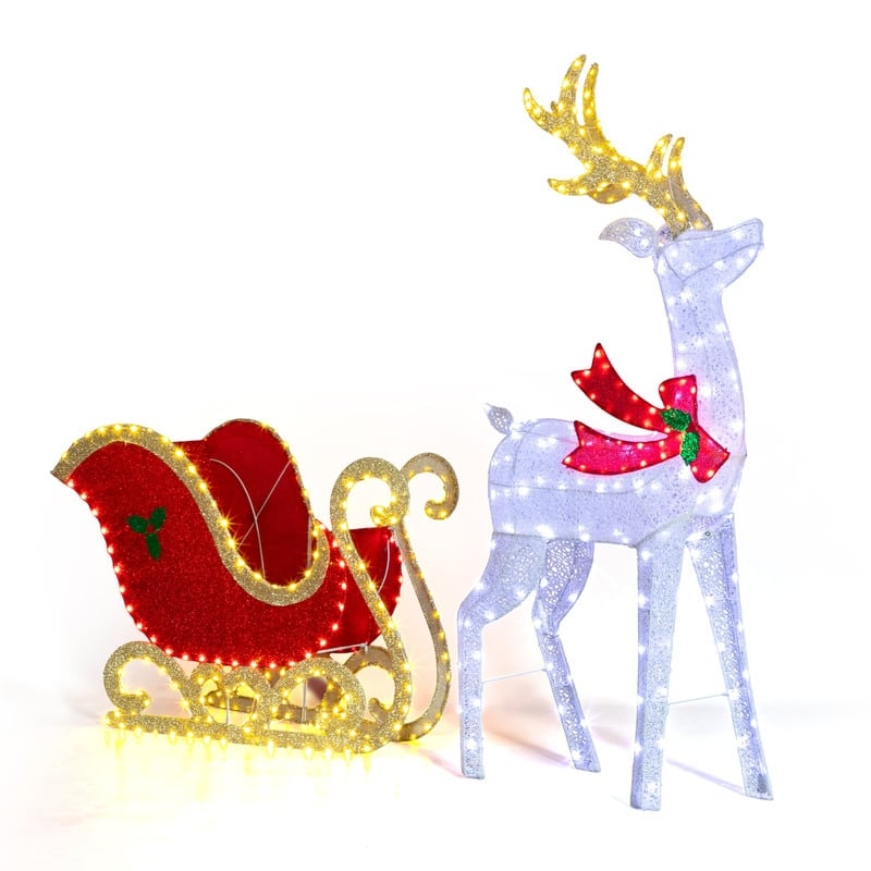 5FT Lighted Reindeer Pulling Sleigh Christmas Decorations Outdoor Indoor Decor Lighted Holiday Displays - Gold+White