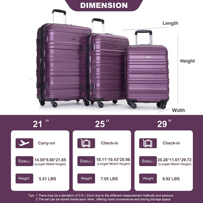 Expandable 3 Piece Luggage Sets PC Lightweight & Durable Suitcase with Two Hooks, Spinner Wheels, TSA Lock, (21/25/29)