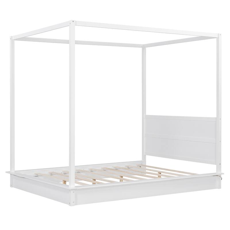Queen Size Solid Wood LED Canopy Bed with 4-Post Frame and Headboard, Modern Floor Bed, Wooden Canopy Bed Frame for Bedroom