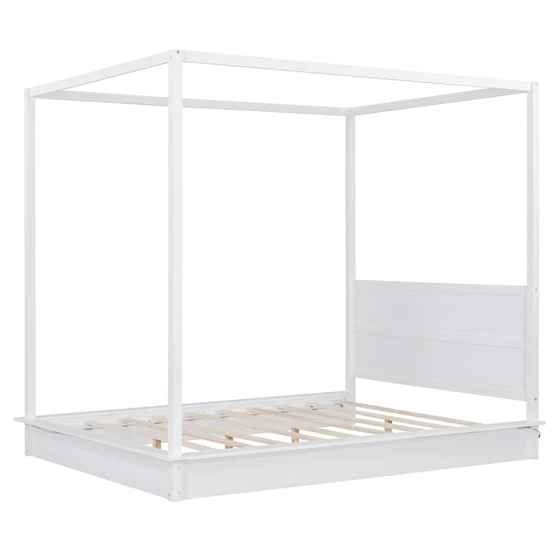 Queen Size Wood Led Canopy Bed ,Canopy Platform Bed With Support Slats, No Box Spring Needed