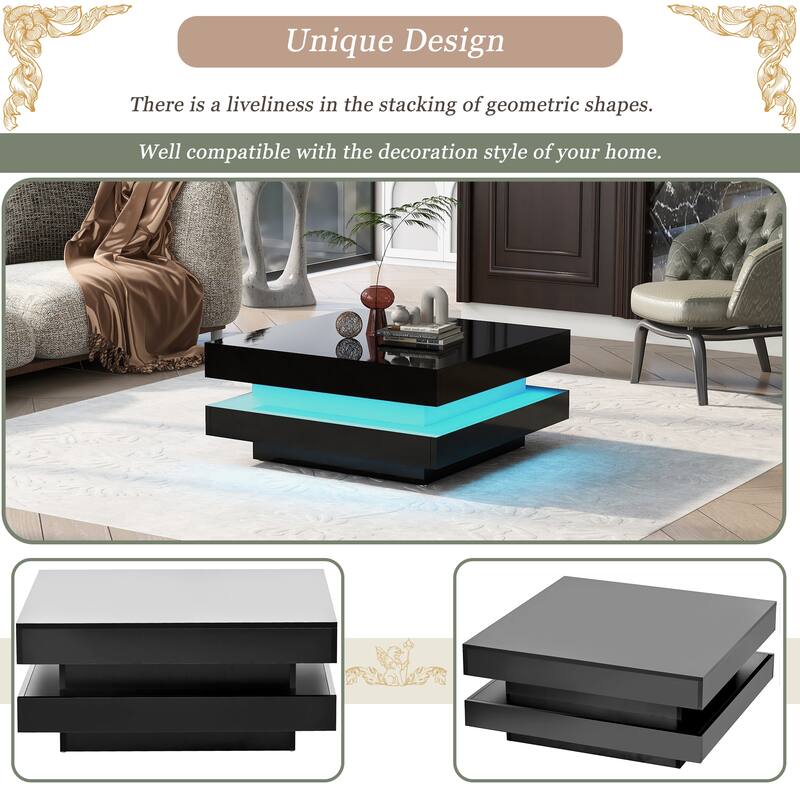 Fashion Simple Coffee Table 2 Tier Square Coffee Table with LED Light Anti-Scratch Plastic Feet, for Living Room