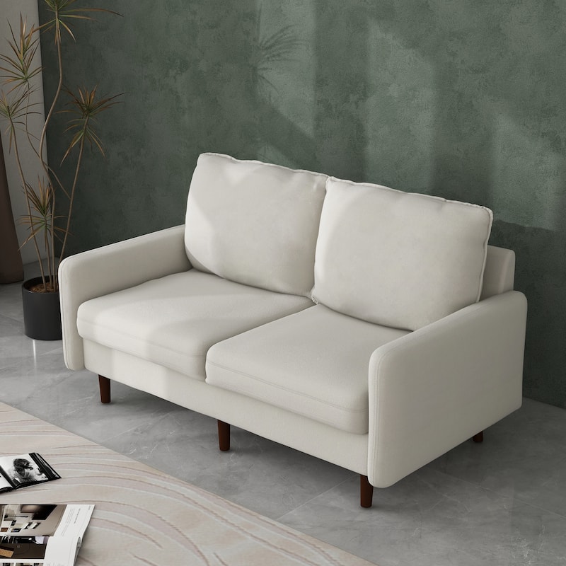 Modern Velvet White Loveseat With Wood Legs, 2-Seater Upholstered Sofa