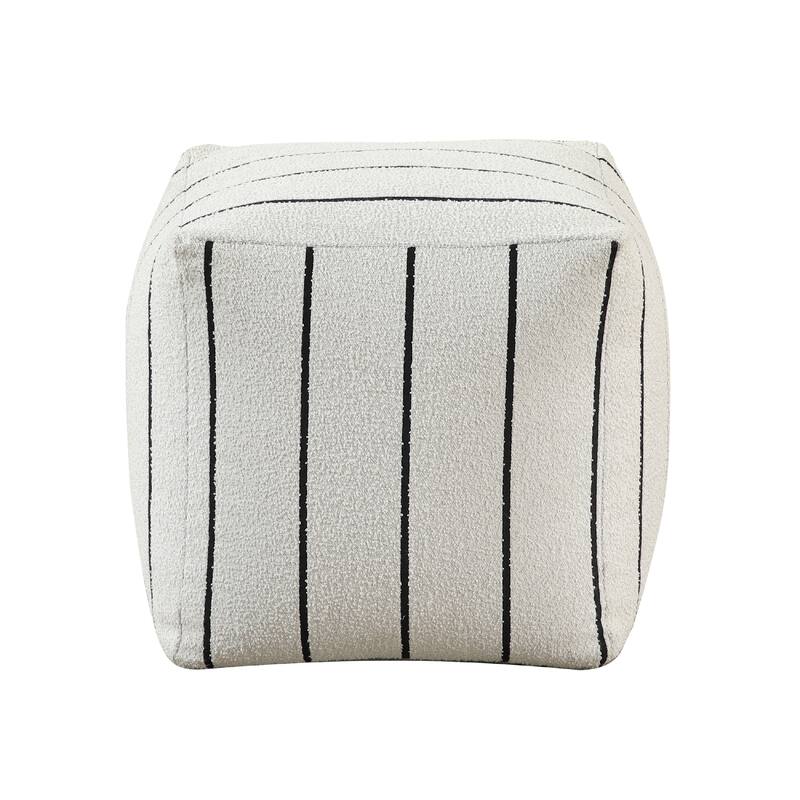 Modern Pouf Ottoman, White Black Striped Jacquard, 16 Inch Square