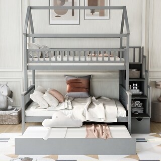 Twin over Full Size House Bunk Bed with Storage Staircase and Trundle ...