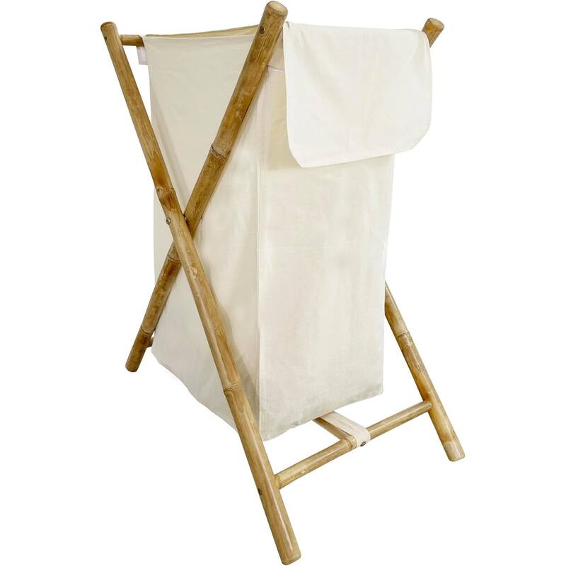 Collapsible Folding Bamboo Rattan X-Frame Laundry Hamper with Lid