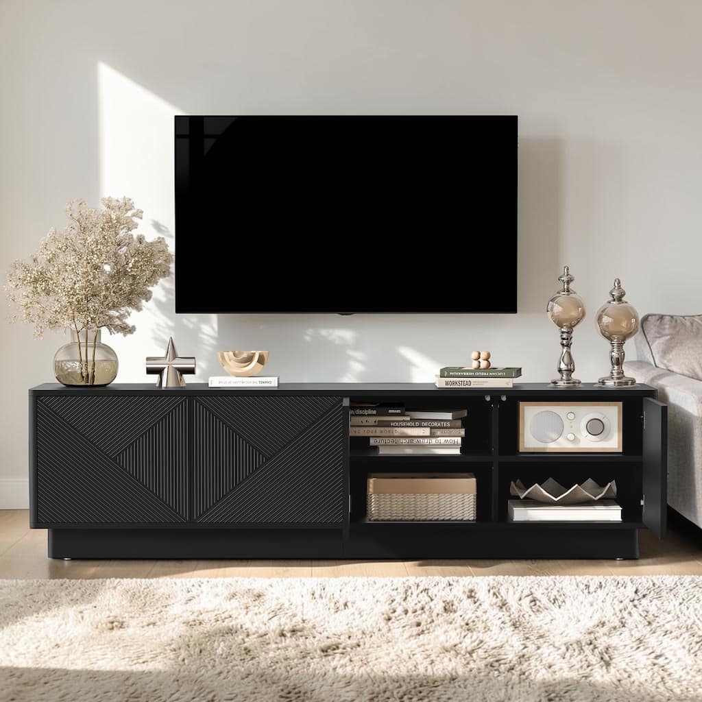 74.8" Modern TV Stand with 4 Wave Doors, Adjustable Shelves and LED Lights for TVs Up to 75"