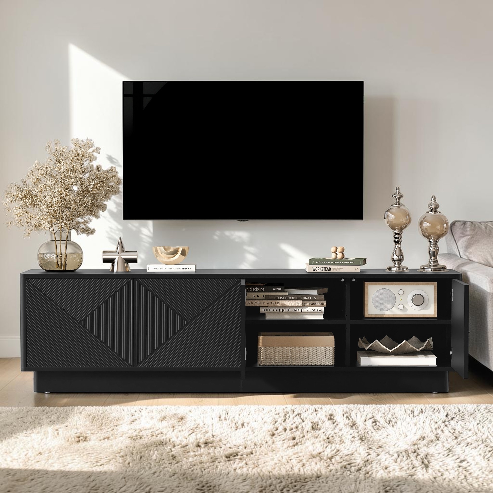 74.8" Modern TV Stand with 4 Wave Doors, Adjustable Shelves and LED Lights for TVs Up to 75"