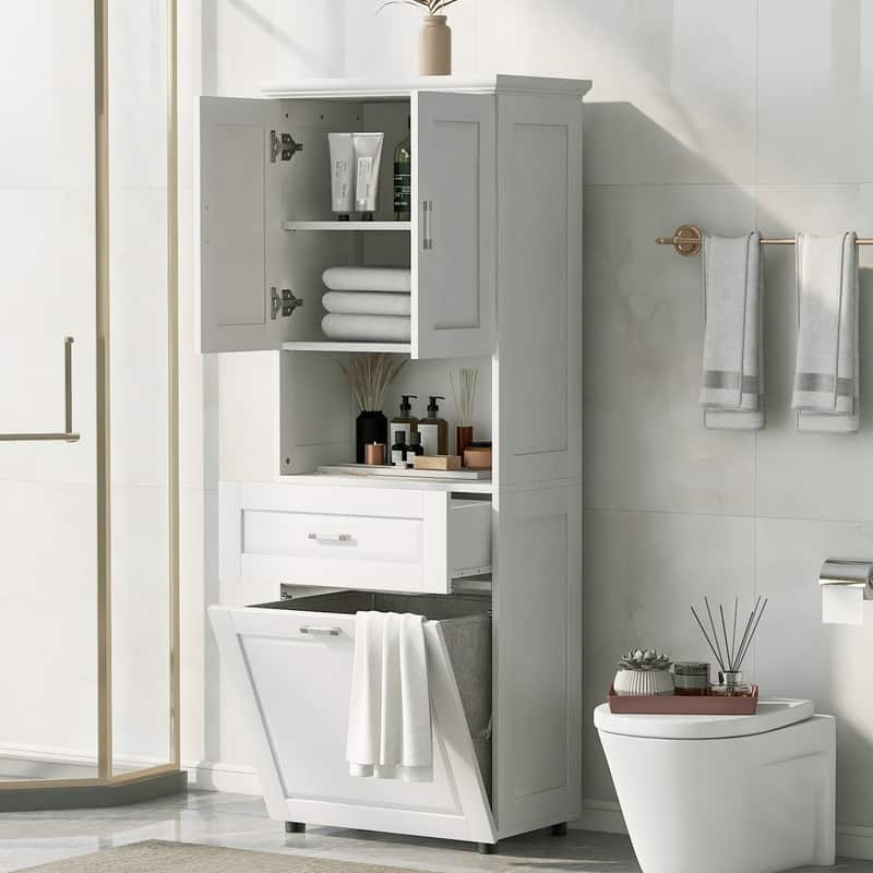 Tall Bathroom Storage Cabinet with Tilt-Out Laundry Basket, Drawer and Adjustable Shelf, Freestanding Floor Cabinet - White