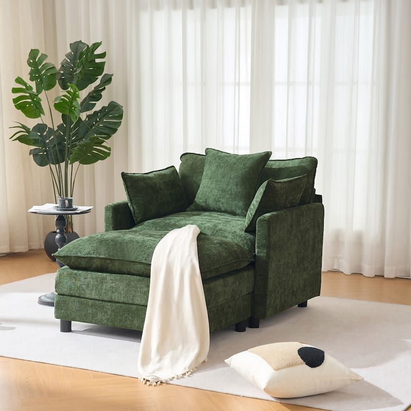 39.4" Modern Accent Chair with Ottoman, Living Room Club Chair Chenille Upholstered Armchair, Reading Chair for Bedroom - Green