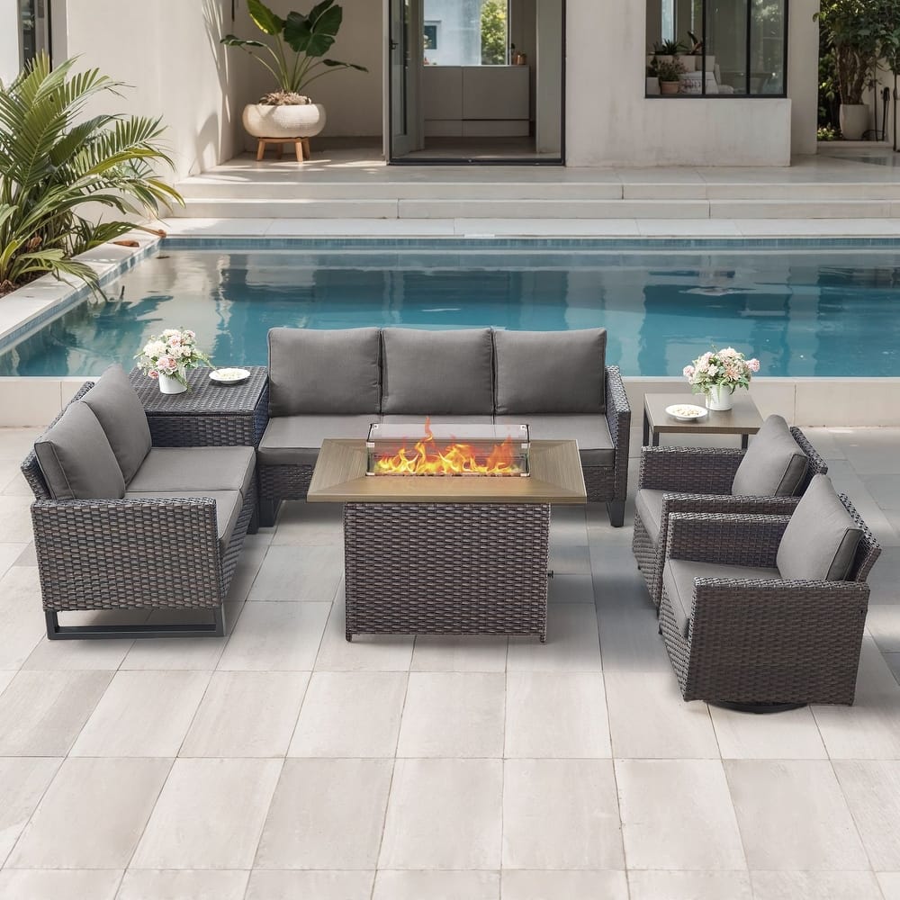 Gymojoy 7 Piece All-Weather Wicker Outdoor Patio Family Conversation Set Group With Fire Pit Table