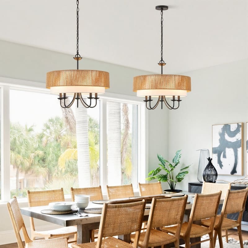 KAWOTI Adjustable Height Pendant Light with Rattan Shade