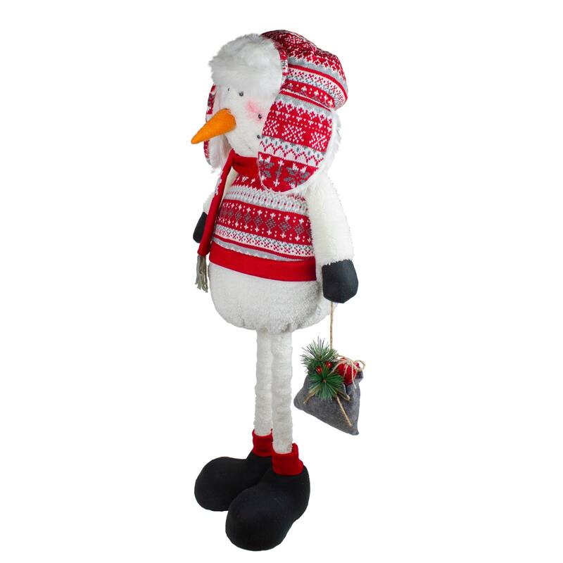 33-Inch Red, White, Gray Plush Christmas Snowman with Telescopic Legs