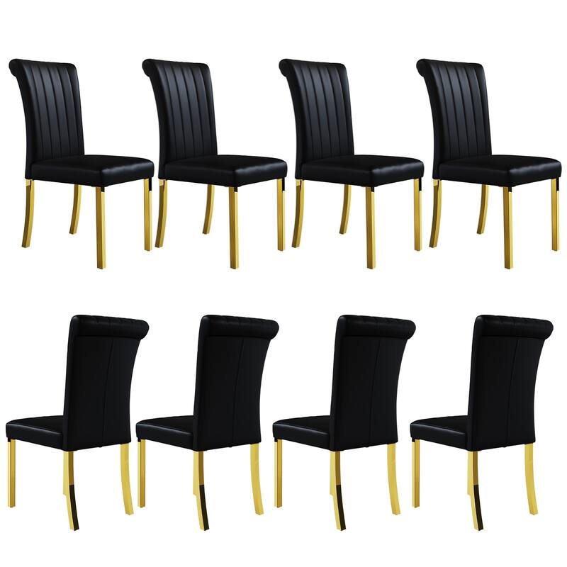 Luxury PU Leather Parsons Dining Chairs Side Chairs with Rolled Back and Stainless Steel Legs - Black and Gold - Set of 8