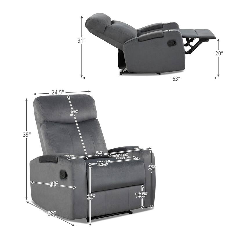 Recliner Chair Single Sofa Lounger with Arm Storage and Cup Holder for Living Room
