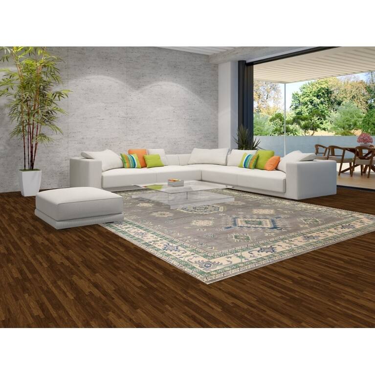 Gray Geometric Kazak Oriental Rug Living Room Handmade Wool Carpet - 9'10"x 13'1"