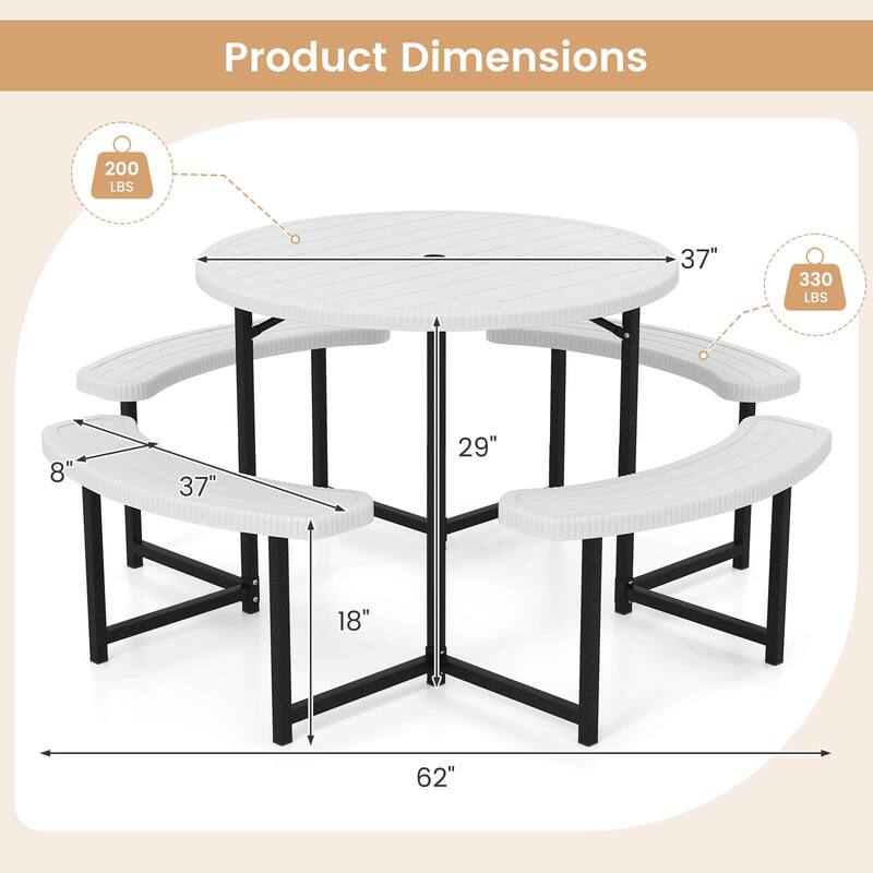Costway Round Picnic Table Bench Set with 4 Benches Umbrella Hole All - See Details