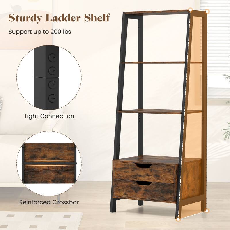 Gymax 4-tier Bookshelf w/ 2 Storage Drawers Sturdy Metal Frame