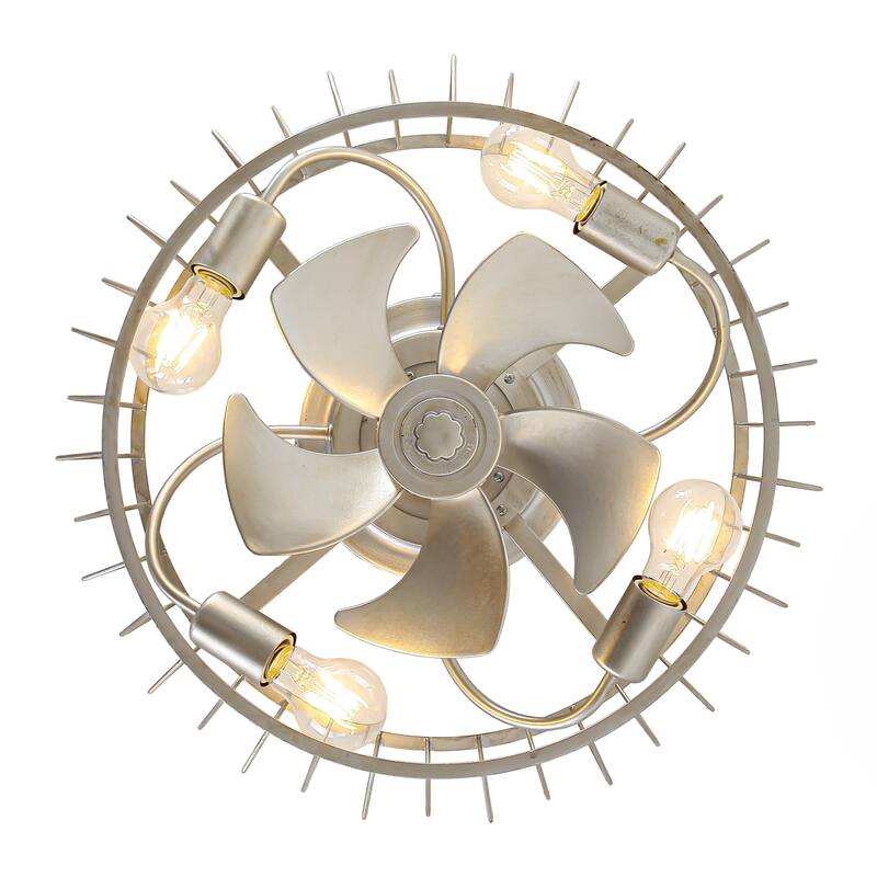 19.7" Vintage Silver Metal 6-Speed Caged Ceiling Fan with Light Kit, Remote and App