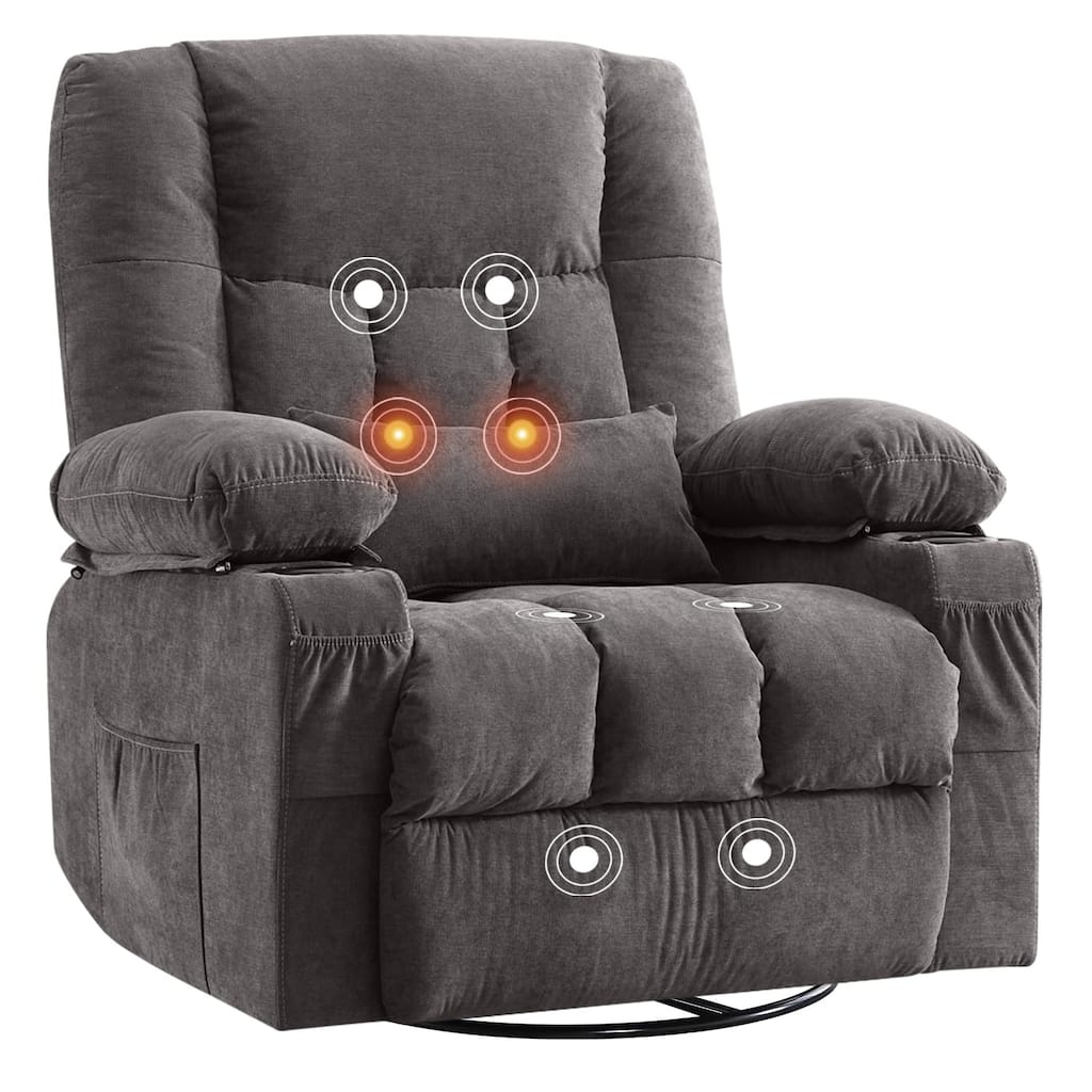 Swivel Rocker Recliner Chair with Vibration Massage, Ergonomic Chair with Side Pocket, 2 Cup Holders, USB Charge Port