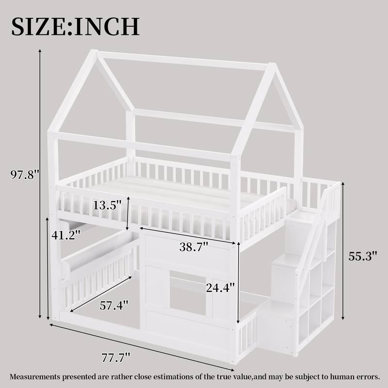 Roomfitters Full Size Wood House Loft Bed with Storage Stairs and Built-in Shelving, Modern Space-Saving Sleep Space