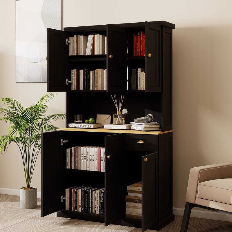 Kitchen Pantry with Microwave Oven Countertop, Hutch Cabinet with Adjustable Shelves, Storage Cabinet with 6 Doors and 1 Drawer