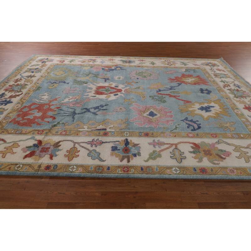 Light Blue Floral Oushak Oriental Area Rug Handmade Wool Carpet - 9'0"x 11'9"