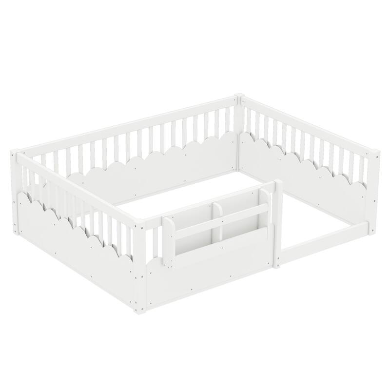 Queen/Full/Twin Floor Bed with Fence and Bookshelf, Wood Kids Floor Bed