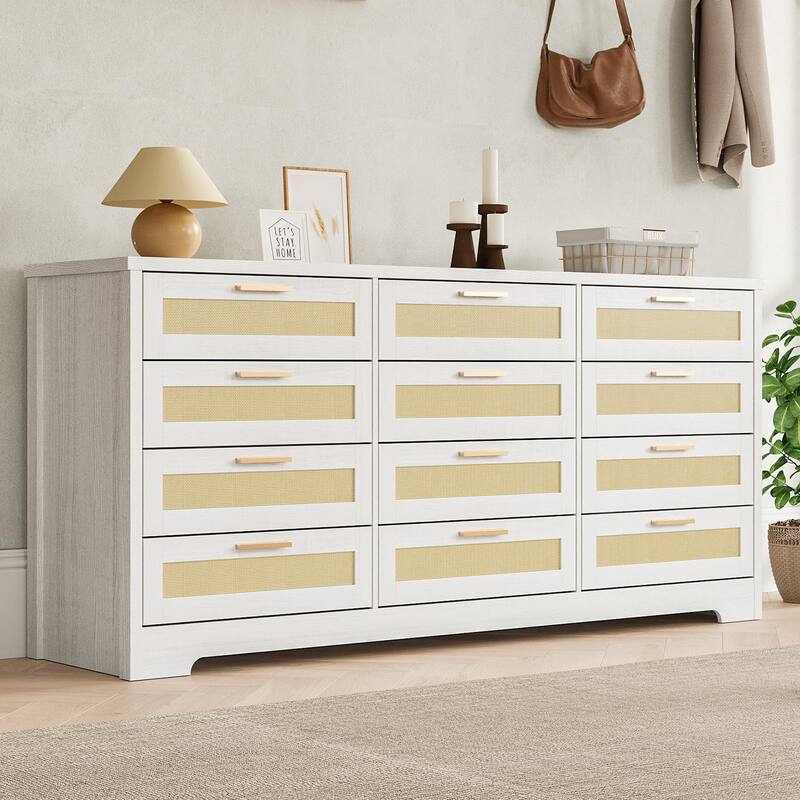 12 Drawer Dresser for Bedroom, Modern Farmhouse Rattan Chest of Drawers with Handles, Wood Dresser for Closet