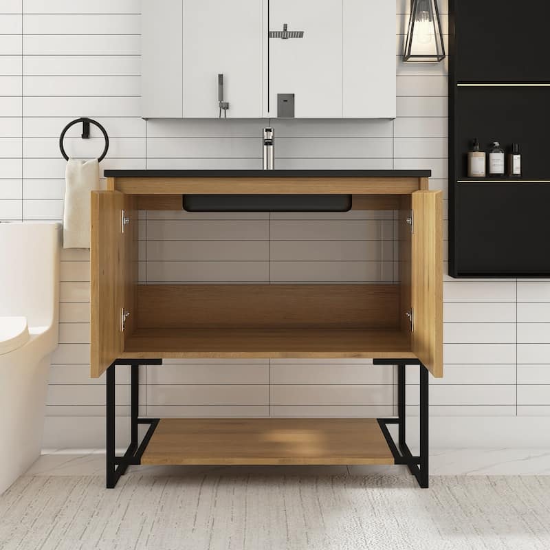 Freestanding Bathroom Vanity Set in Oak with Integrated Solid Surface Sink