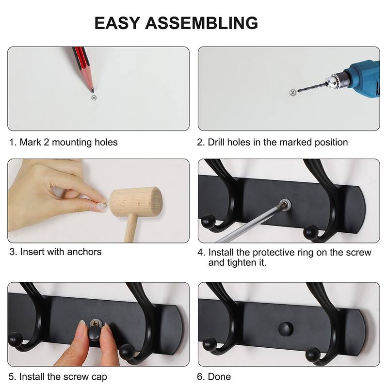 Dual Wall Hooks Znic Alloy Racks 17.7 Inch 5 Hooks Cloth Towel Holder - Black - 17.7" x 2.8" x 3.7"(L*W*H)