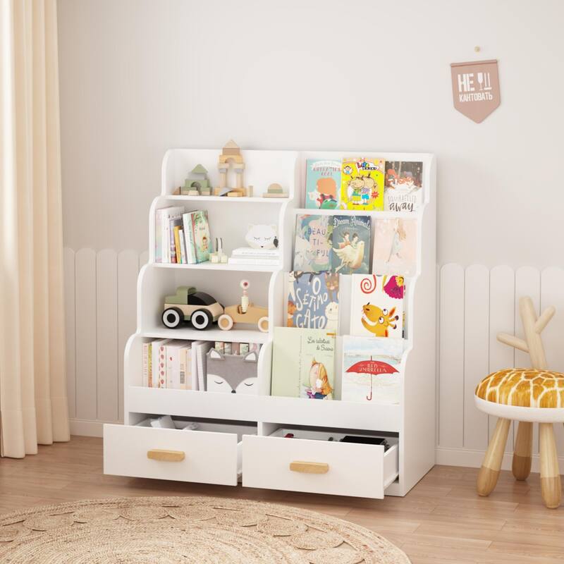 Anmytek Kids Bookshelf with 2 Storage Drawers, Front-Facing Children's Bookcase and Toy Organizer, Multi-Tier Reading Shelf