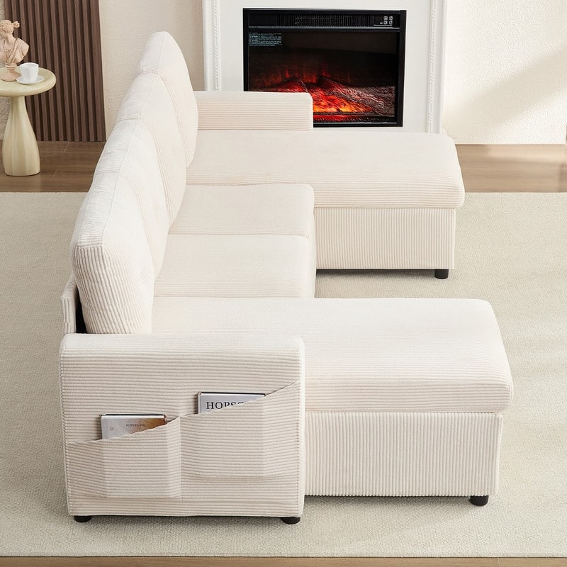 W103" Corduroy 4-Seater Modular Sleeper Sofa Bed with Storage Chaise,U-shaped Sofa with Pull-out Bed