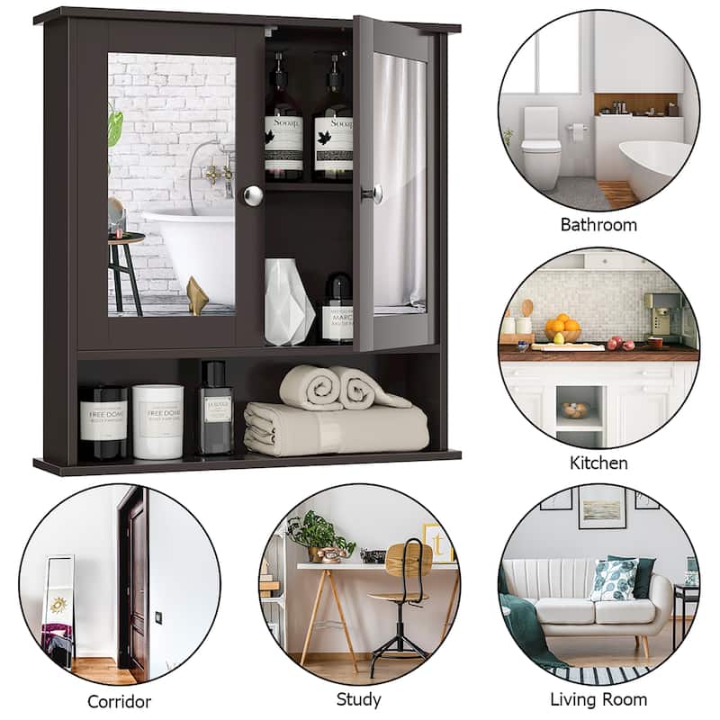 Bathroom Wall Mirror Cabinet with Doors and Shelves