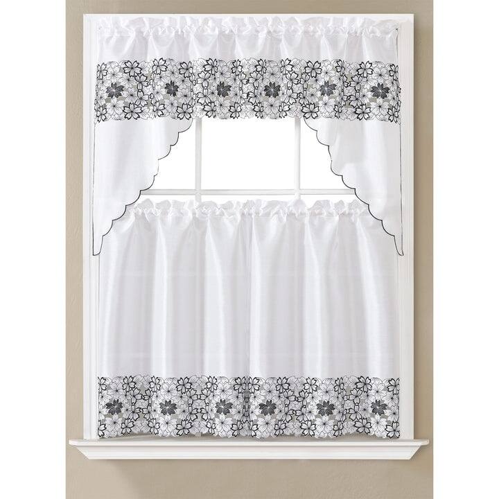 Tori Floral Embroidered Kitchen Curtain Set, Swag Valance 60x36, Tiers 30x36 Inches - Black/White