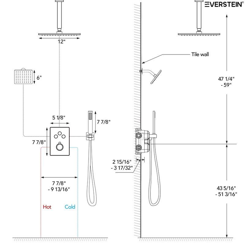 Thermostatic Shower Faucet, 12" High-Pressure Dual Showerheads System with Rough-In Valve