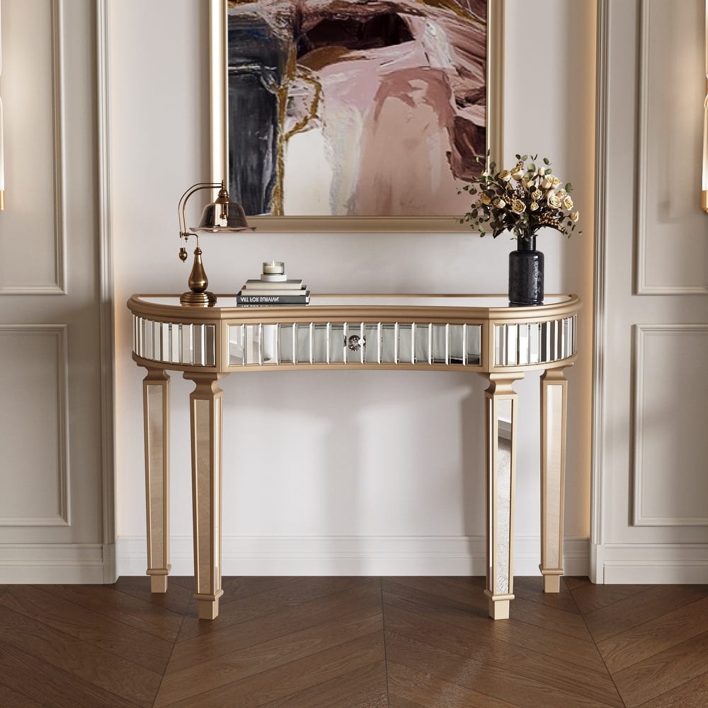 Half-Moon Entryway Table Mirrored Console Table Fluted Glass Vanity Desk with Curved Drawer and Crystal Knob for Living Room