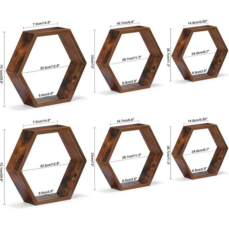 Set of 6 Wooden Hexagon Rustic Floating Shelves in Deep Natural Wood
