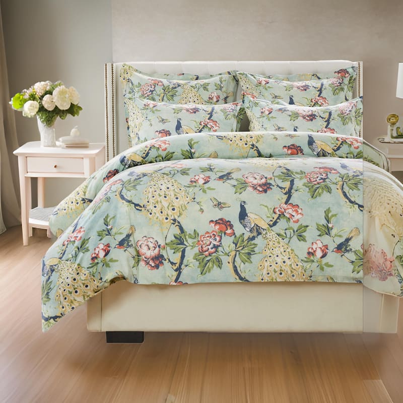 Sia 3pc Full Queen Duvet and Pillow Sham Set, Floral Jade Print Cotton