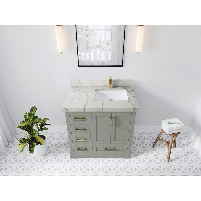 Willow Collections 36 x 22 Boston Right Offset Sink Bathroom Vanity with Quartz or Marble Countertop