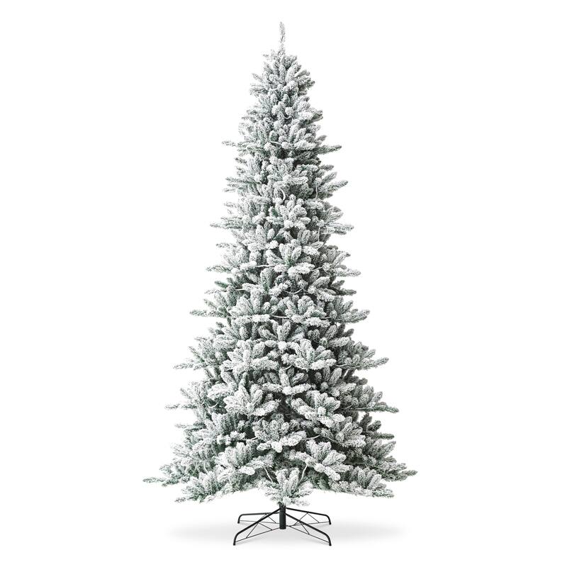 Glitzhome 10Ft Pre-Lit Deluxe Artificial Flocked Fir Christmas Tree with Warm White Lights