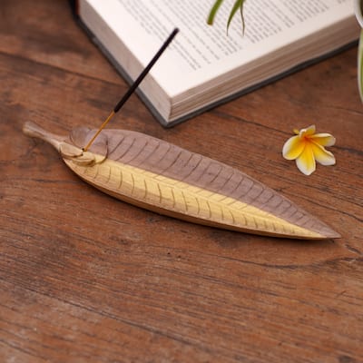 Novica Handmade Jepun Leaf Wood Incense Holder